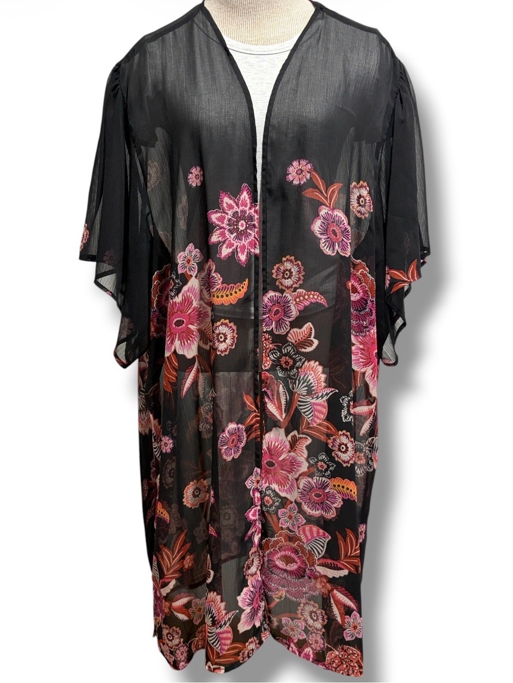Maurices Black Floral Flutter Sleeve Kimono Women's Size 2X Sheer Tunic Length